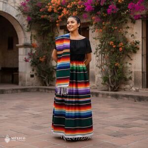 Traditional Mexican Sarape Dress Set, 3 Piece Outfit with Blouse, Skirt & Rebozo
